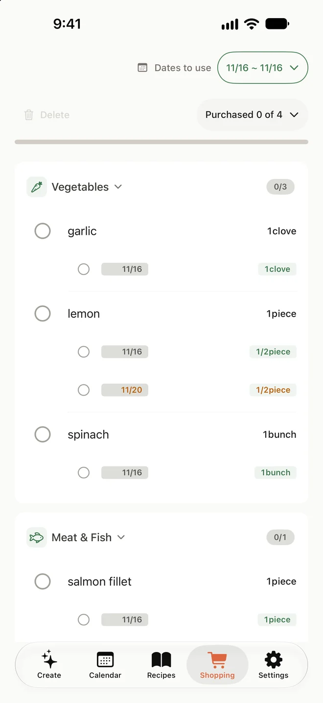 Ansicht der Einkaufsliste