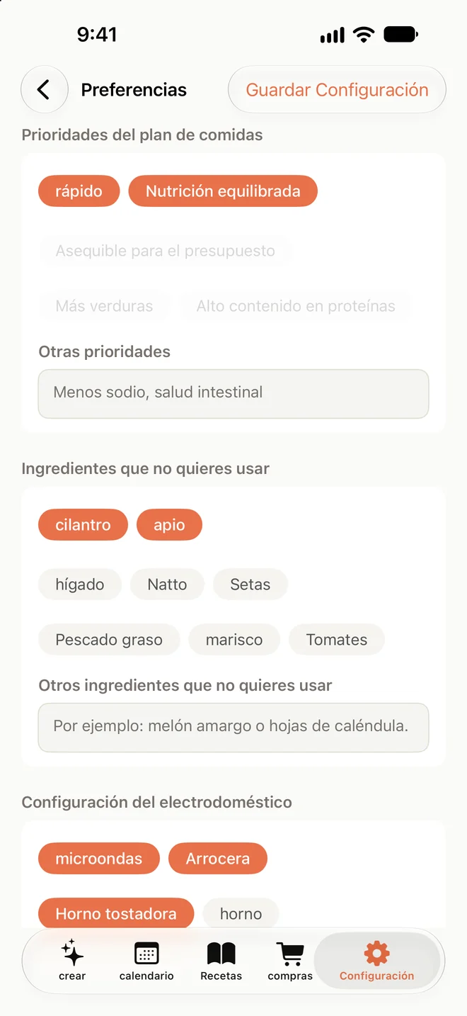 Pantalla de preferencias de ingredientes y cocina