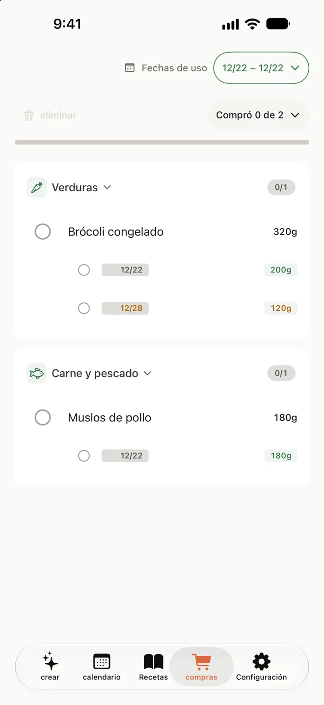 Lista de compras con ingredientes agrupados por categoría