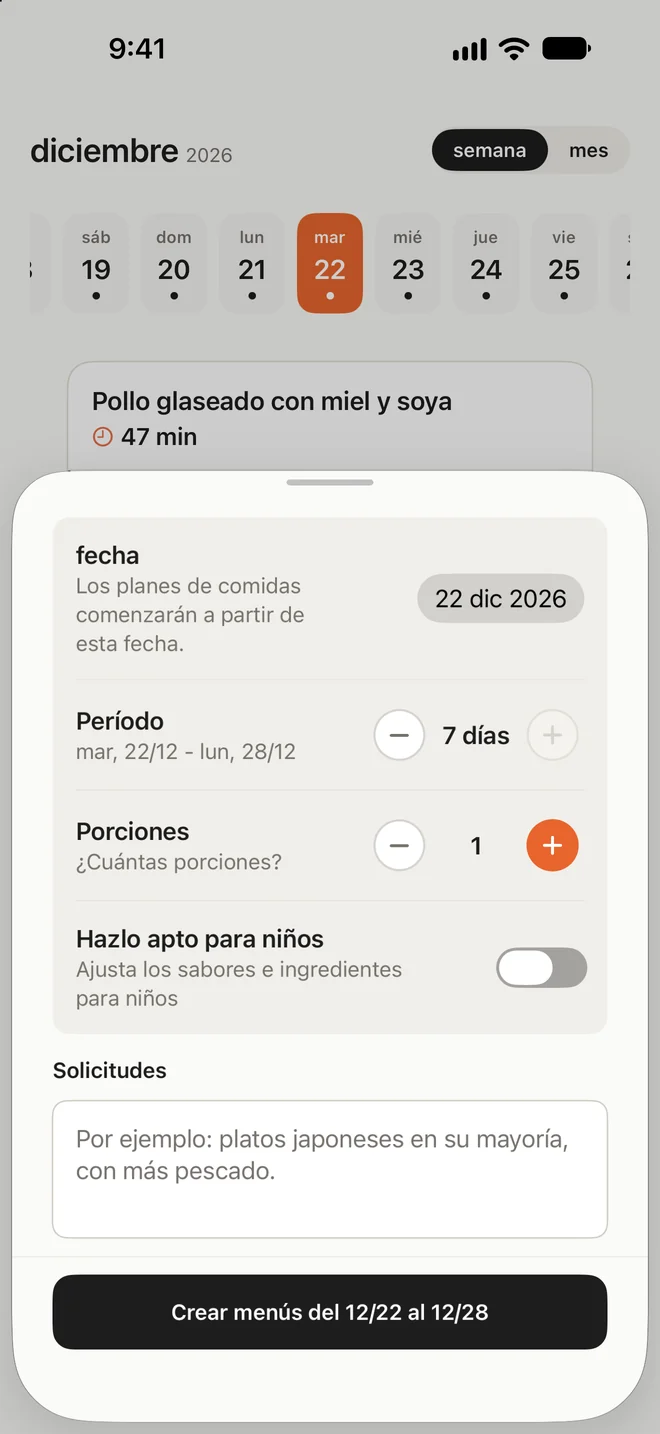 Pantalla para crear menús de varios días