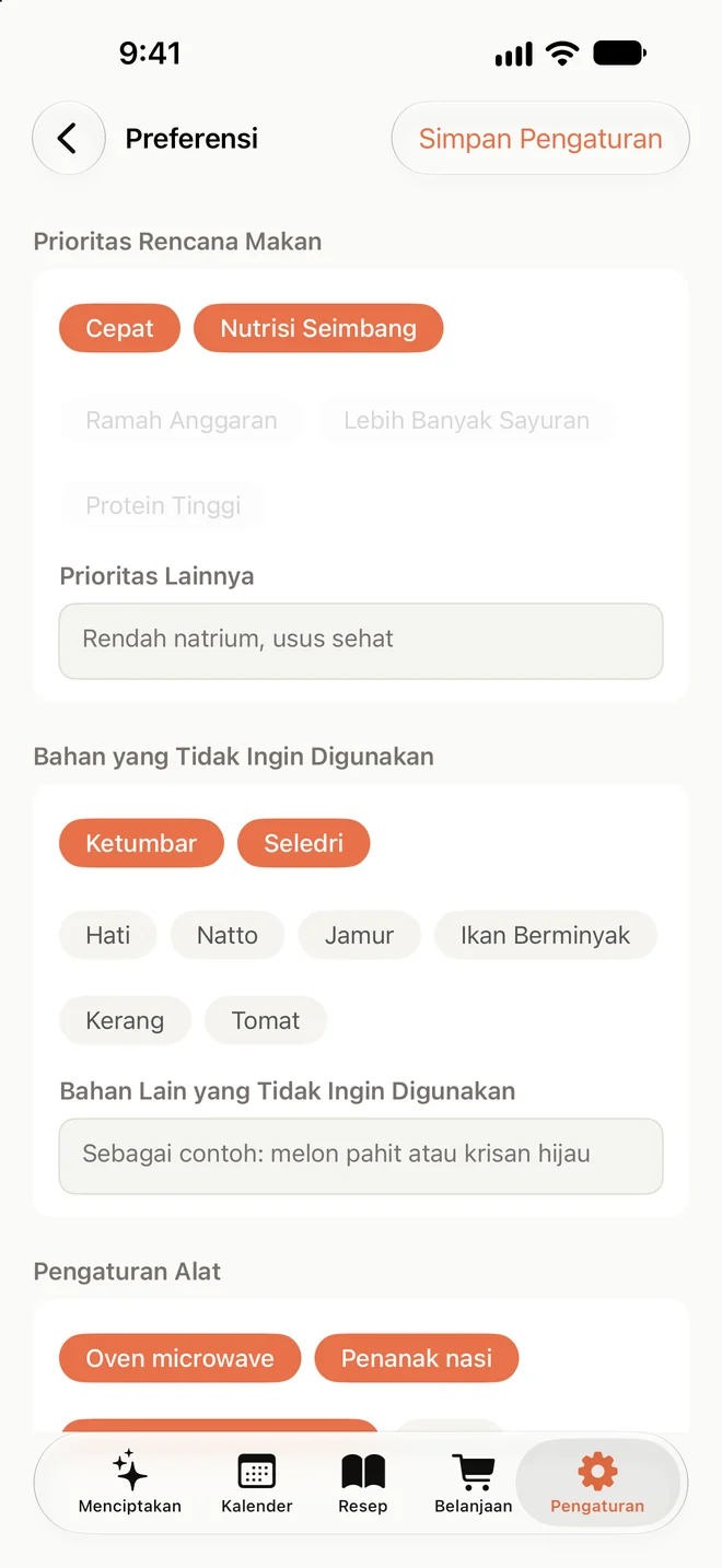 Layar pengaturan pengguna