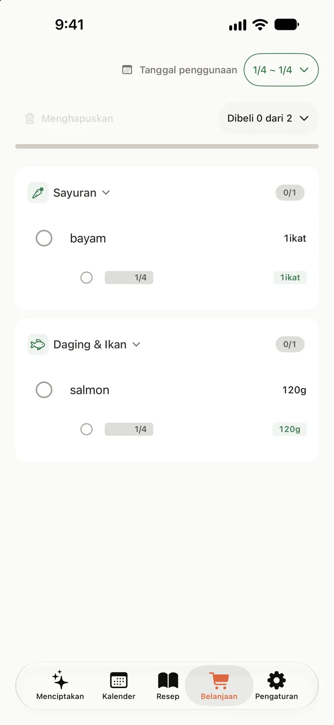 Layar daftar belanja