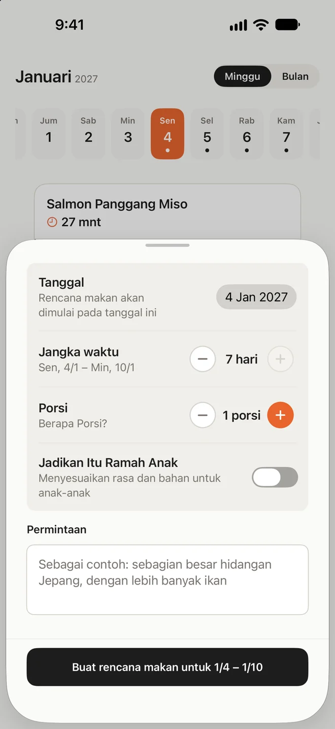 Layar untuk menyusun menu beberapa hari
