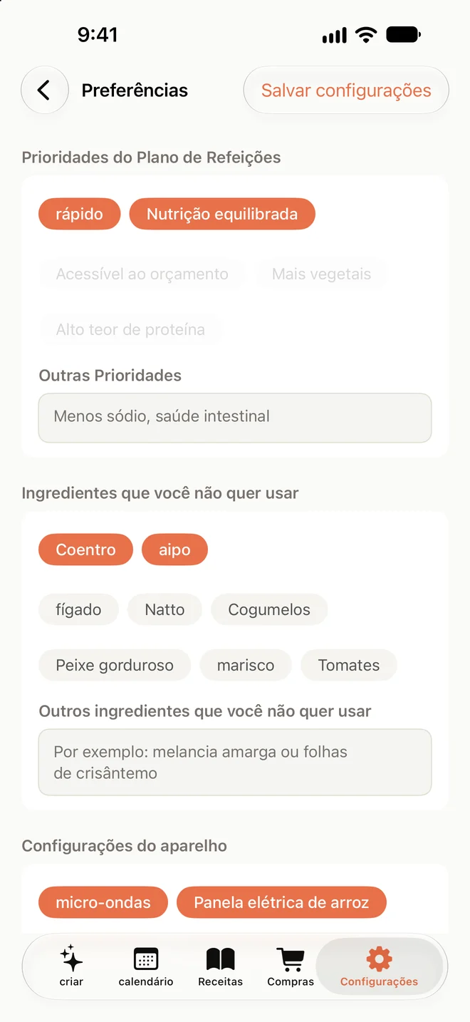 Tela de preferências de ingredientes e cozinha
