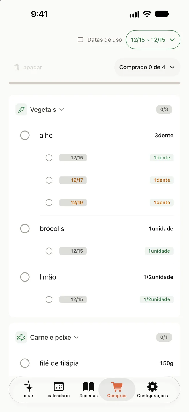 Lista de compras com ingredientes agrupados por categoria