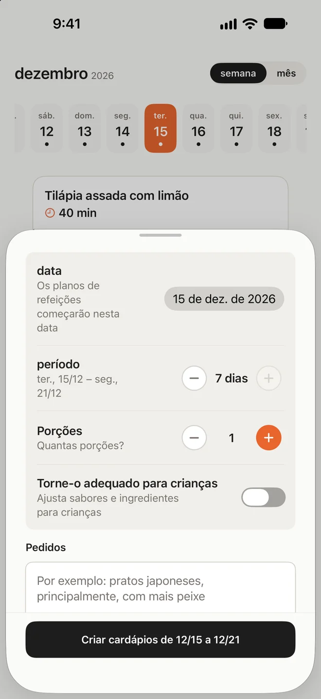 Tela para criar cardápios de vários dias