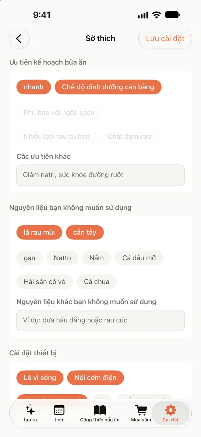 Màn hình cài đặt người dùng