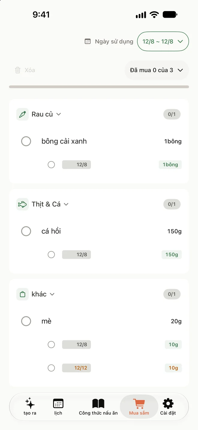 Màn hình danh sách mua sắm