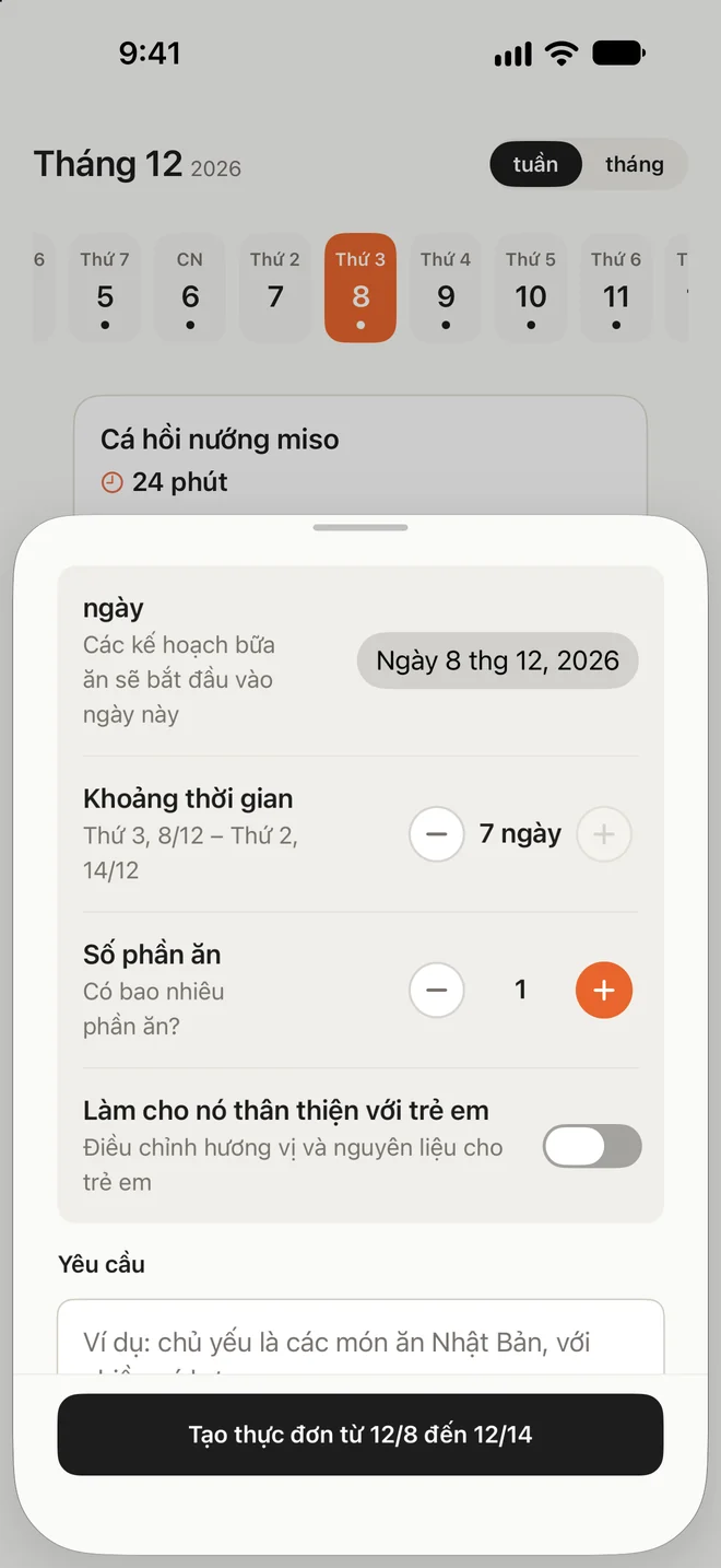 Màn hình tạo thực đơn cho nhiều ngày